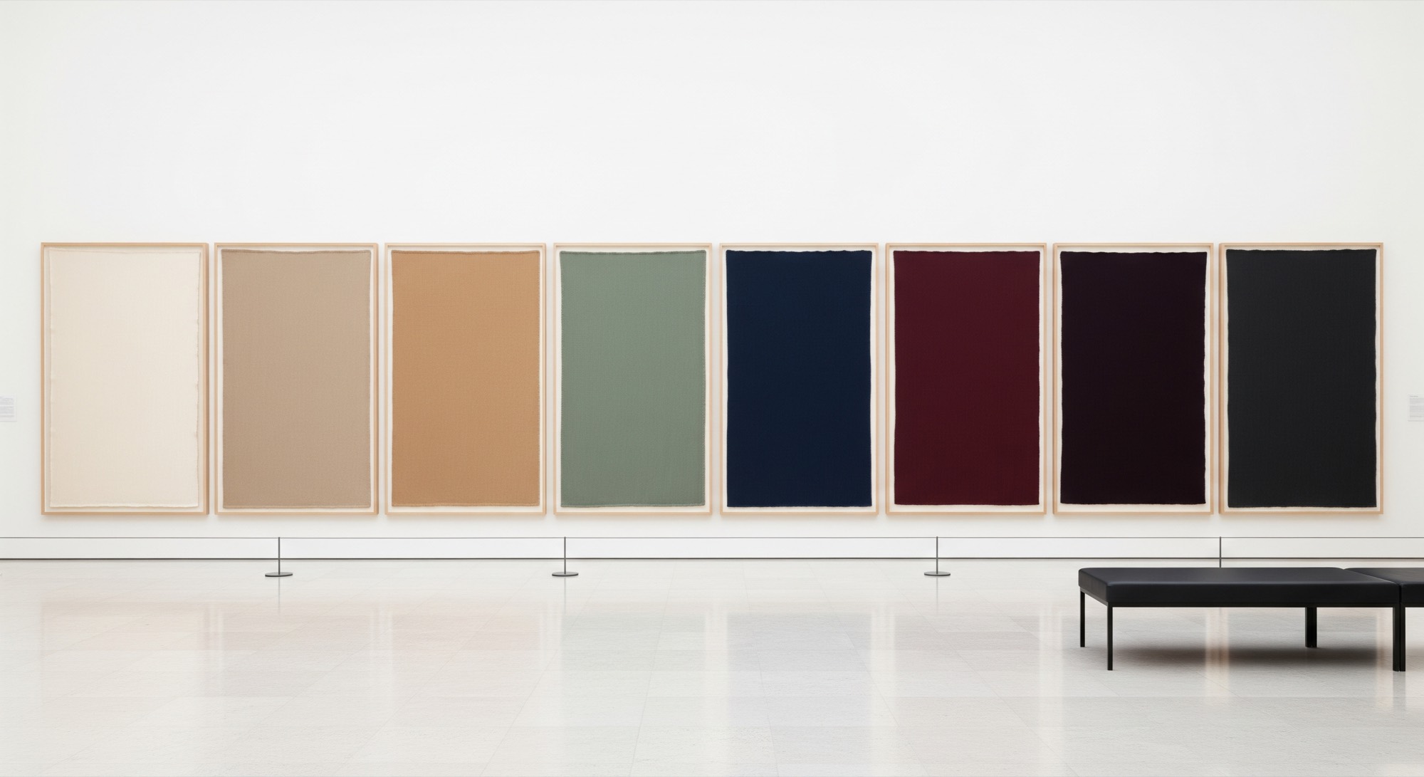Framed fabric works in curated colours on a museum wall
